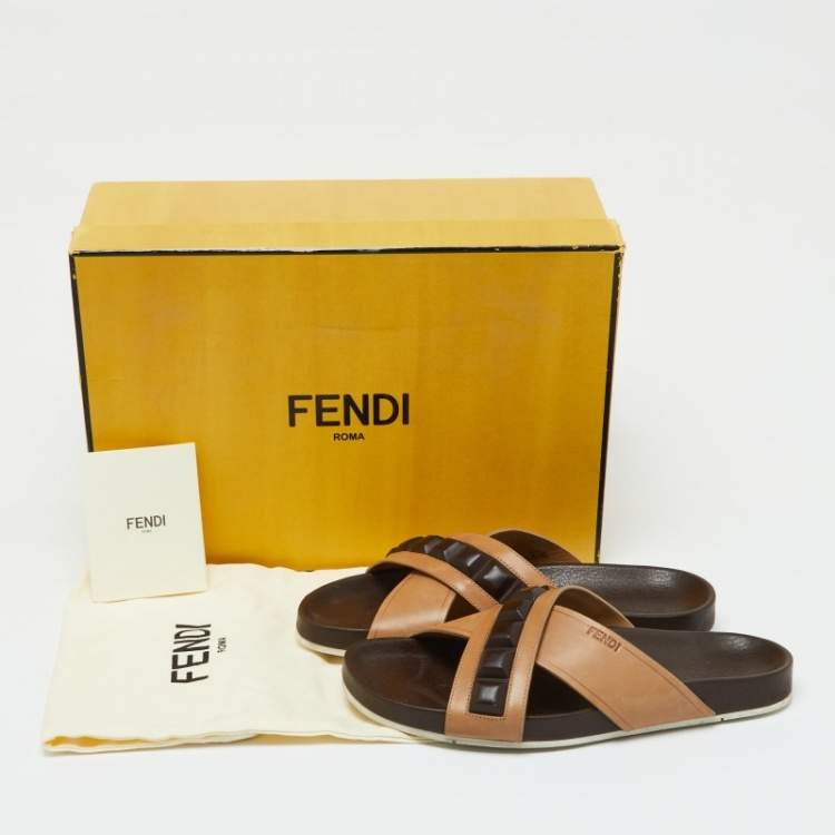 Pre Owned Fendi Brown/Beige Crisscross Leather Flat Slides Size 41
