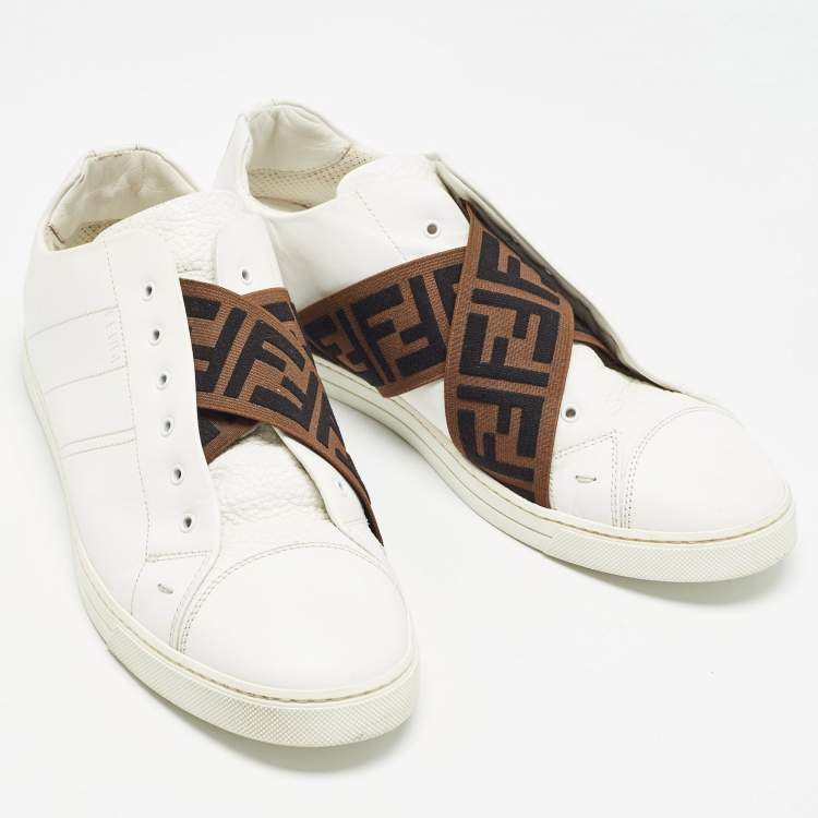 Pre Owned Fendi White/Brown Leather and Zucca Elastic Band Slip On Sneakers Size 44