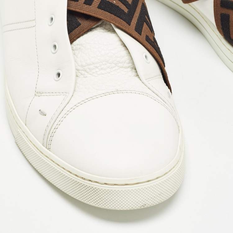Pre Owned Fendi White/Brown Leather and Zucca Elastic Band Slip On Sneakers Size 44