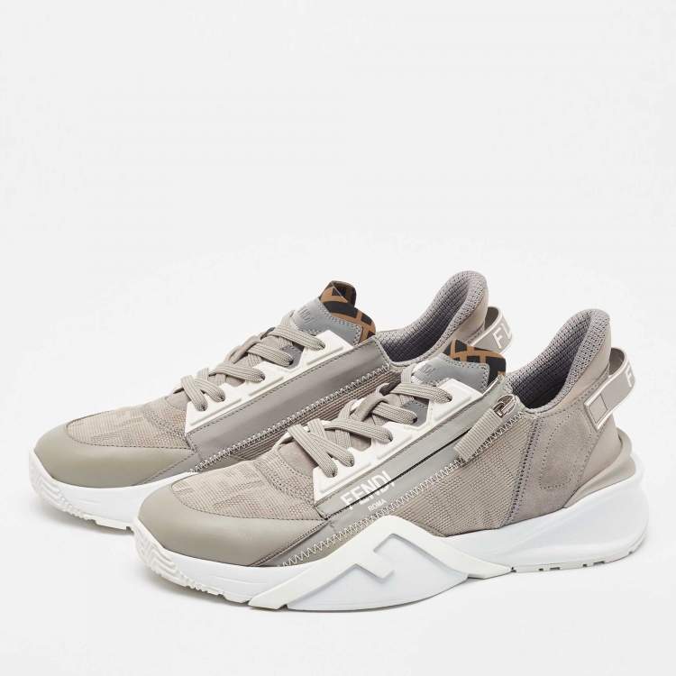 Pre Owned Fendi Grey Leather and  Zucca Canvas Flow Sneakers Size 42