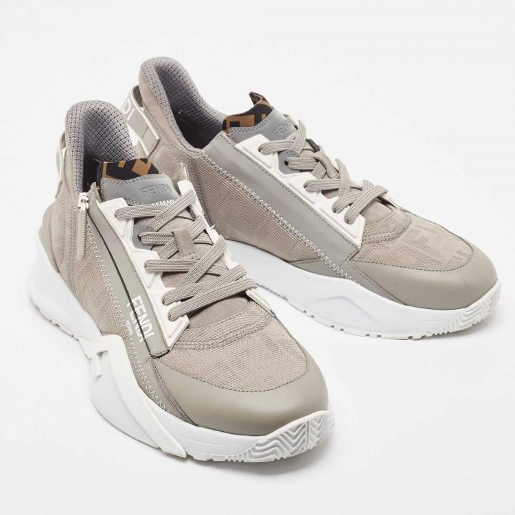 Pre Owned Fendi Grey Leather and  Zucca Canvas Flow Sneakers Size 42