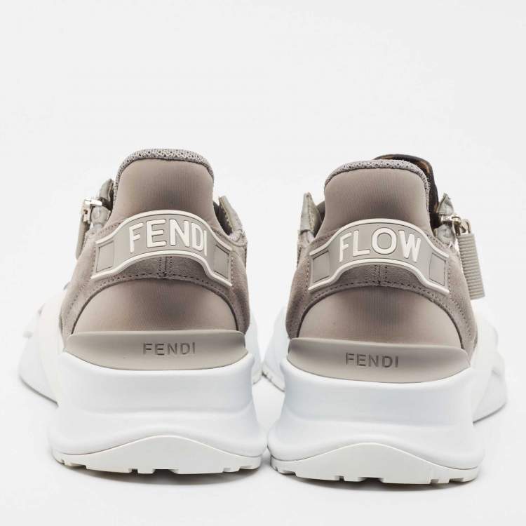 Pre Owned Fendi Grey Leather and  Zucca Canvas Flow Sneakers Size 42