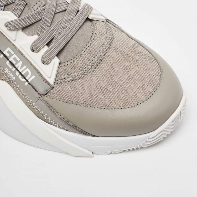Pre Owned Fendi Grey Leather and  Zucca Canvas Flow Sneakers Size 42