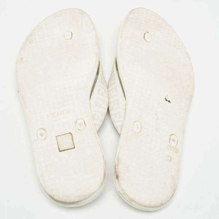 Pre Owned Fendi White Zucca Coated Canvas Thong Sandals Size  45