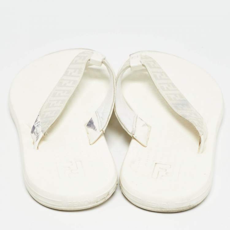Pre Owned Fendi White Zucca Coated Canvas Thong Sandals Size  45