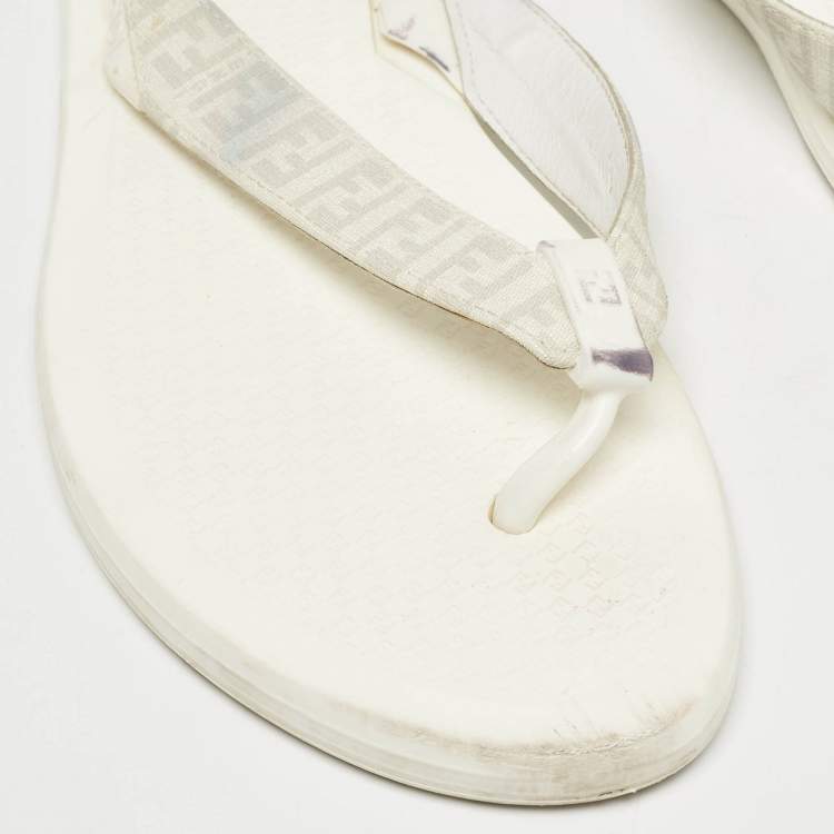 Pre Owned Fendi White Zucca Coated Canvas Thong Sandals Size  45