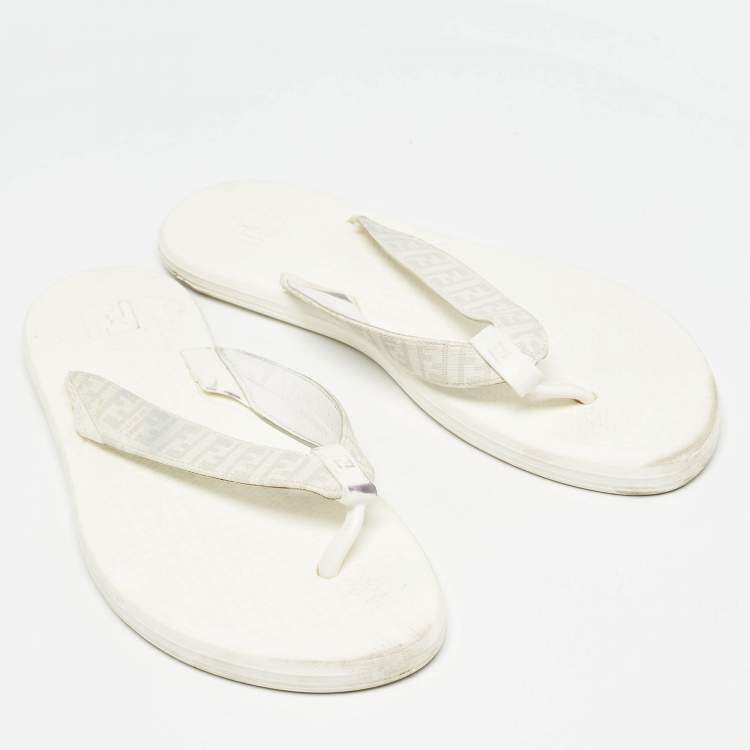 Pre Owned Fendi White Zucca Coated Canvas Thong Sandals Size  45