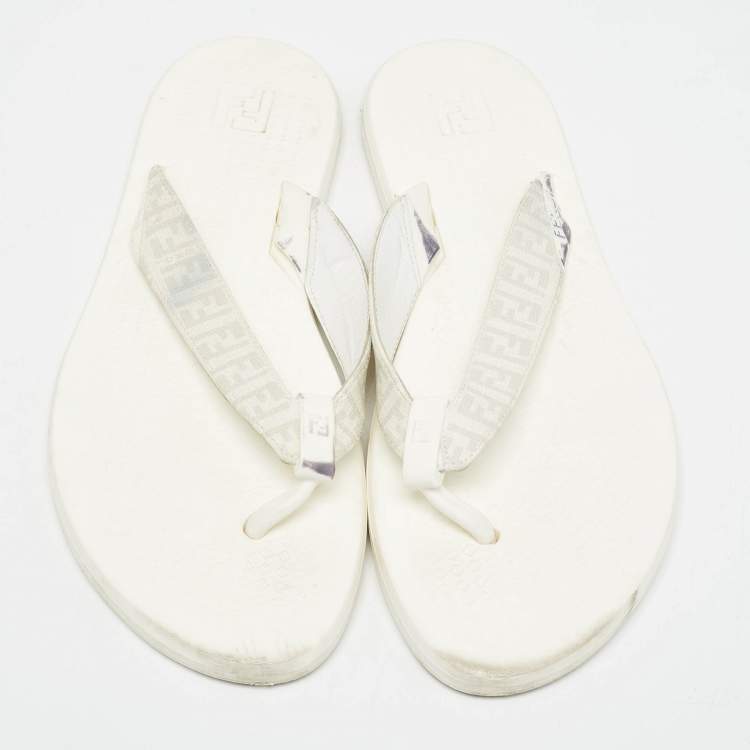 Pre Owned Fendi White Zucca Coated Canvas Thong Sandals Size  45