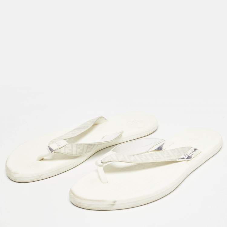 Pre Owned Fendi White Zucca Coated Canvas Thong Sandals Size  45