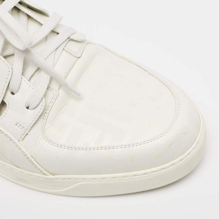 Pre Owned Fendi White Leather FF Lace Up Sneakers  Size  45