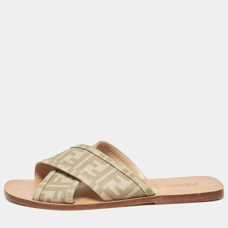 Pre Owned Fendi Beige FF Canvas Crisscross Flat Slides Size 43