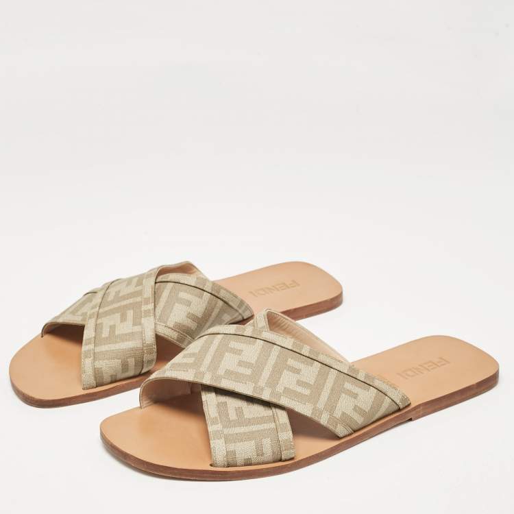 Pre Owned Fendi Beige FF Canvas Crisscross Flat Slides Size 43
