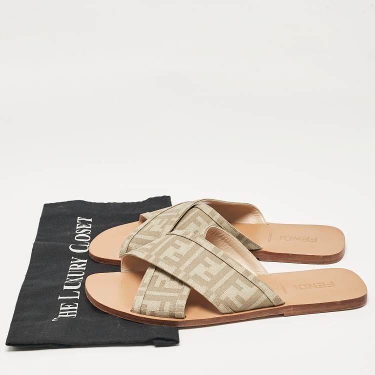 Pre Owned Fendi Beige FF Canvas Crisscross Flat Slides Size 43