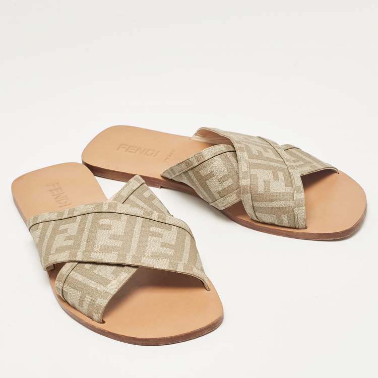 Pre Owned Fendi Beige FF Canvas Crisscross Flat Slides Size 43
