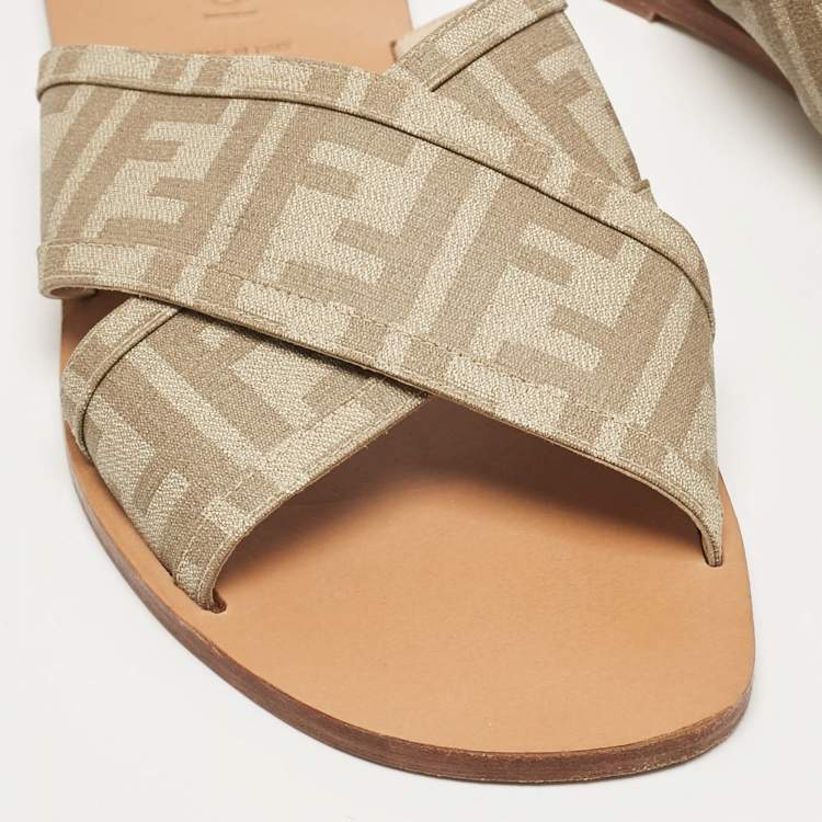 Pre Owned Fendi Beige FF Canvas Crisscross Flat Slides Size 43