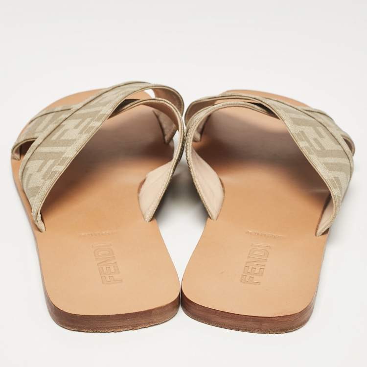 Pre Owned Fendi Beige FF Canvas Crisscross Flat Slides Size 43