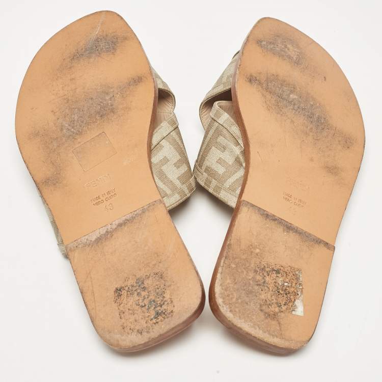 Pre Owned Fendi Beige FF Canvas Crisscross Flat Slides Size 43