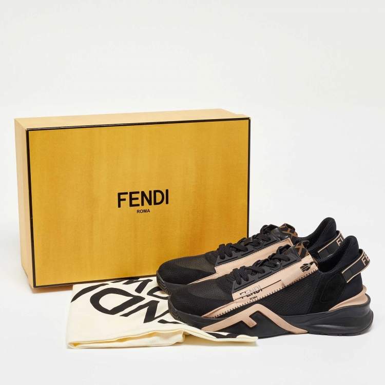 Pre Owned Fendi Black/Beige Suede and Mesh Flow Low Top Sneakers Size 40
