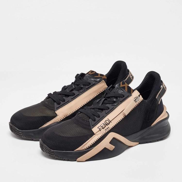 Pre Owned Fendi Black/Beige Suede and Mesh Flow Low Top Sneakers Size 40