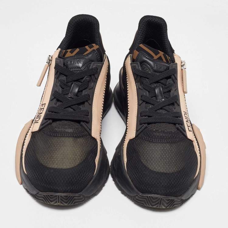 Pre Owned Fendi Black/Beige Suede and Mesh Flow Low Top Sneakers Size 40