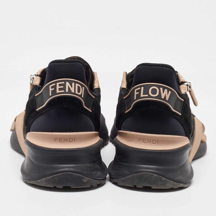 Pre Owned Fendi Black/Beige Suede and Mesh Flow Low Top Sneakers Size 40