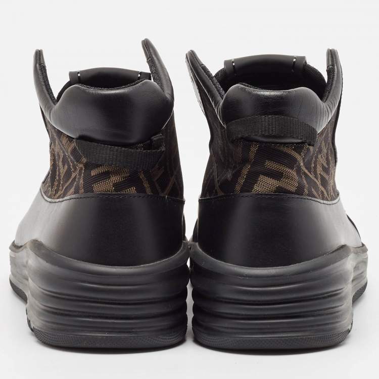Pre Owned Fendi Black/Brown Canvas and Leather Zucca High Top Sneakers Size 41