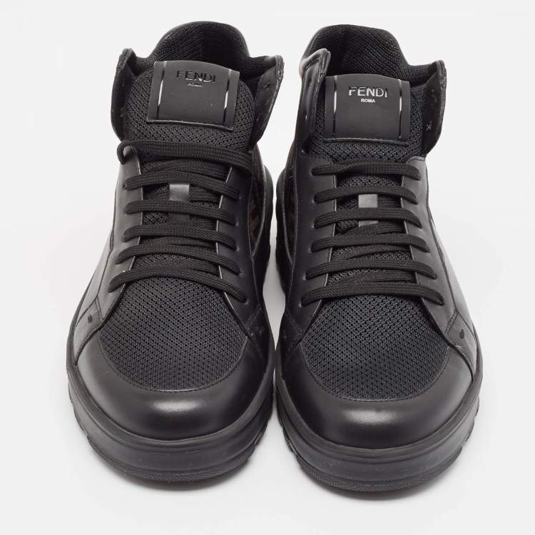 Pre Owned Fendi Black/Brown Canvas and Leather Zucca High Top Sneakers Size 41