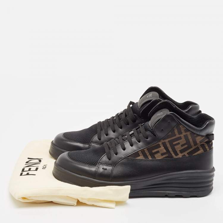 Pre Owned Fendi Black/Brown Canvas and Leather Zucca High Top Sneakers Size 41