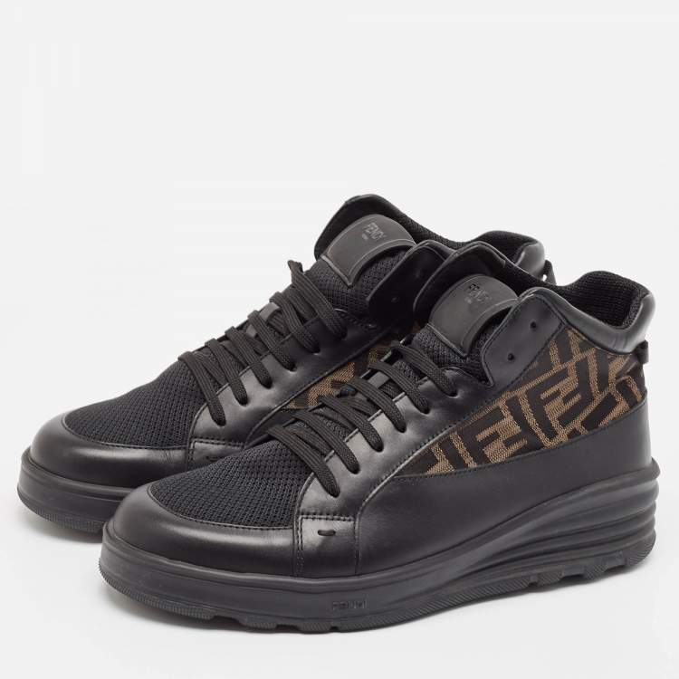 Pre Owned Fendi Black/Brown Canvas and Leather Zucca High Top Sneakers Size 41