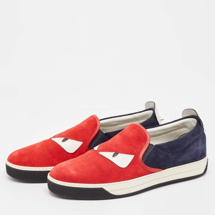 Pre Owned Fendi Red Leather and Suede Monster Slip On Sneakers Size 44
