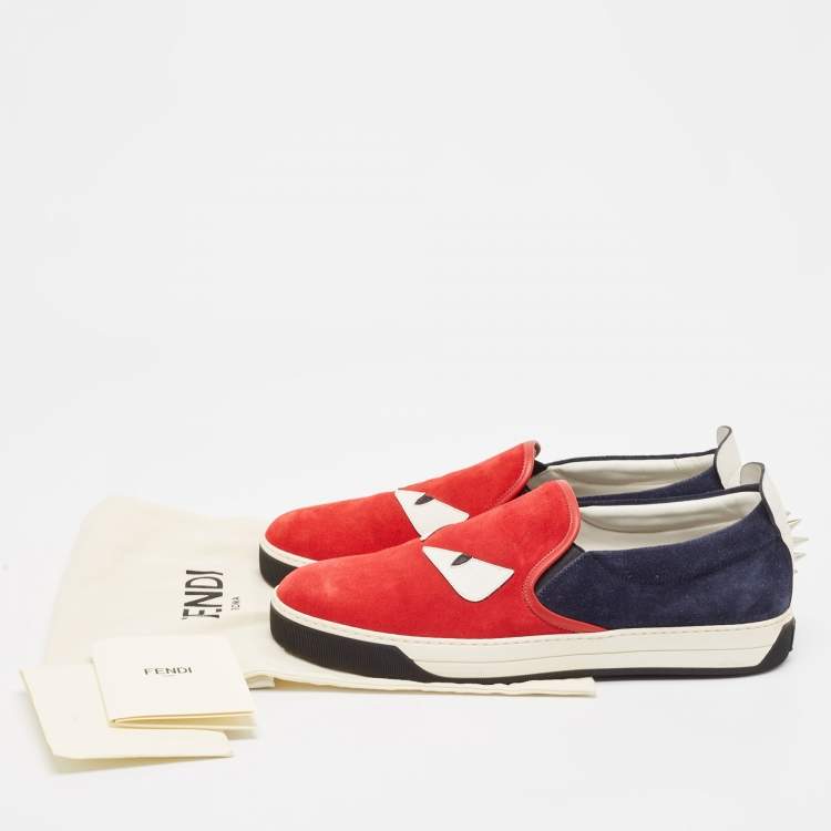 Pre Owned Fendi Red Leather and Suede Monster Slip On Sneakers Size 44