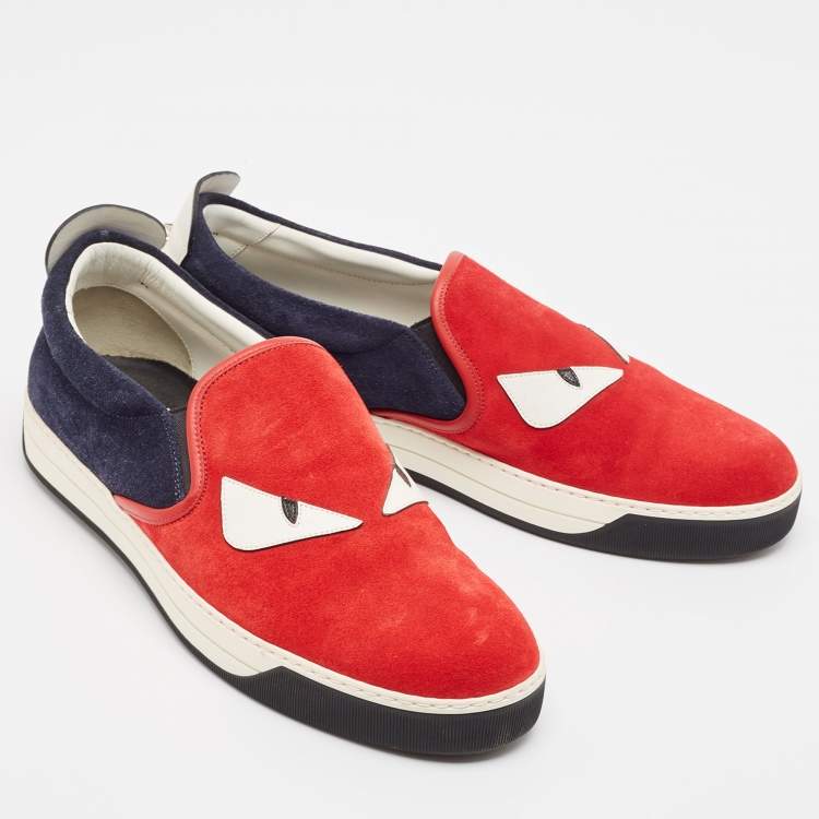 Pre Owned Fendi Red Leather and Suede Monster Slip On Sneakers Size 44