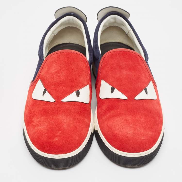 Pre Owned Fendi Red Leather and Suede Monster Slip On Sneakers Size 44