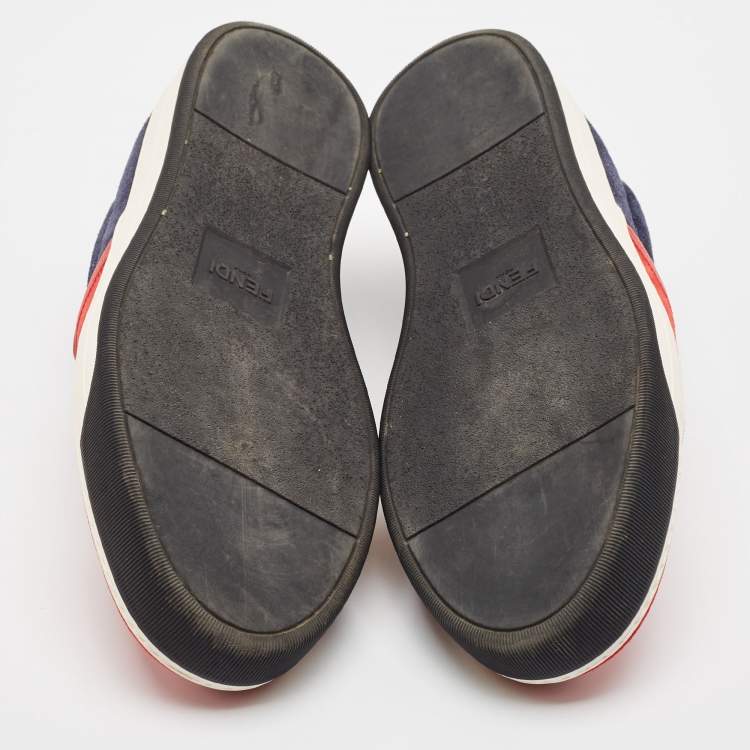 Pre Owned Fendi Red Leather and Suede Monster Slip On Sneakers Size 44