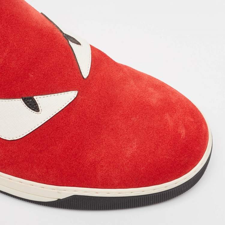 Pre Owned Fendi Red Leather and Suede Monster Slip On Sneakers Size 44