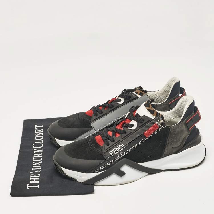 Pre Owned Fendi Black Leather and Suede Flow Lace Up Sneakers Size 42