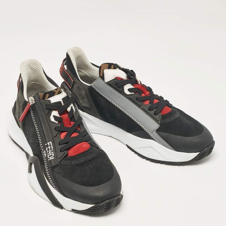 Pre Owned Fendi Black Leather and Suede Flow Lace Up Sneakers Size 42