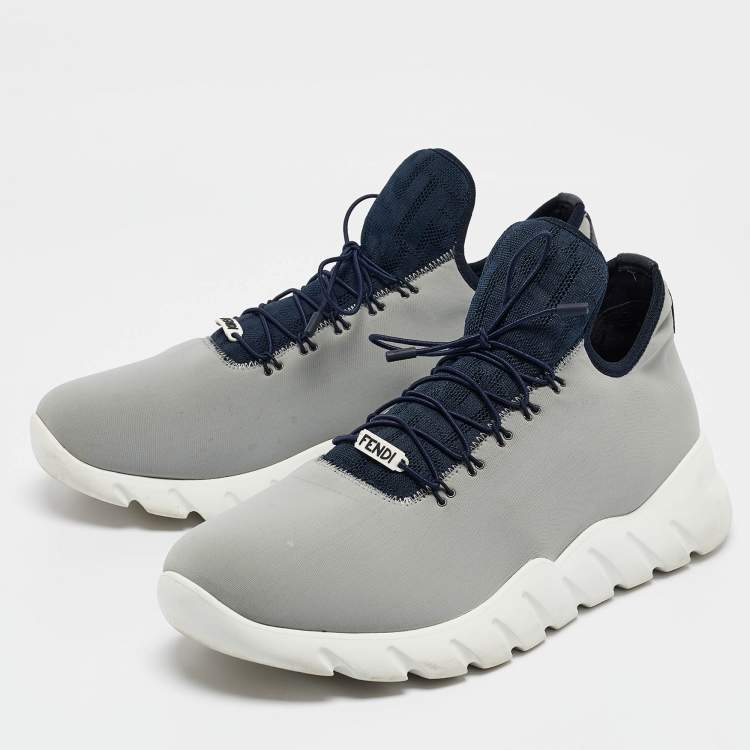 Pre Owned Fendi Grey Neoprene and Leather Lace Up Sneakers Size 43