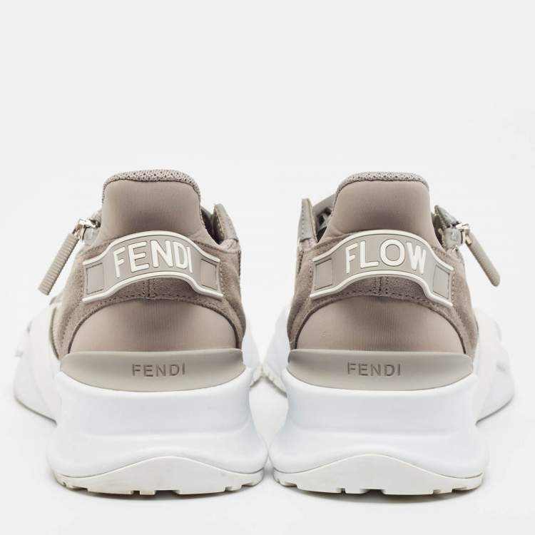Pre Owned Fendi Grey Leather and Zucca Canvas Flow Sneakers Size 42