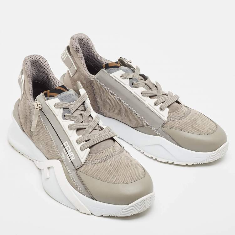 Pre Owned Fendi Grey Leather and Zucca Canvas Flow Sneakers Size 42