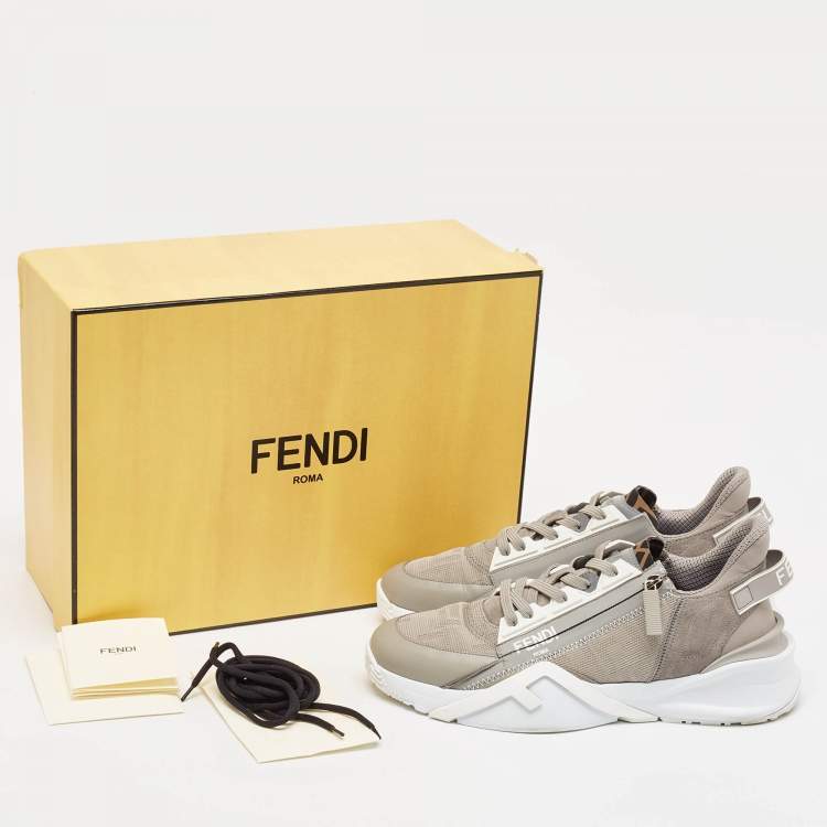 Pre Owned Fendi Grey Leather and Zucca Canvas Flow Sneakers Size 42