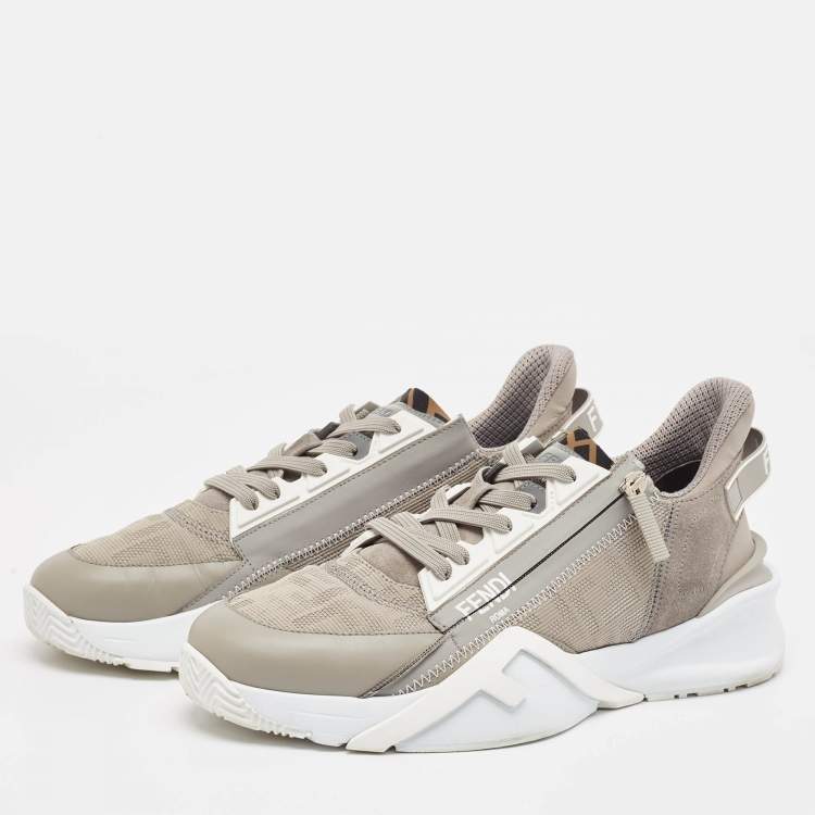 Pre Owned Fendi Grey Leather and Zucca Canvas Flow Sneakers Size 42