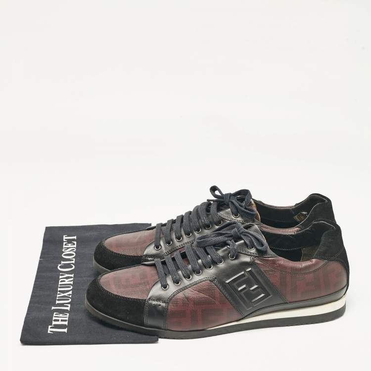 Pre Owned Fendi Black/Burgundy Zucca Coated Canvas and Leather Low Top Sneakers Size 45