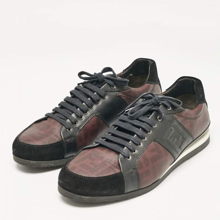 Pre Owned Fendi Black/Burgundy Zucca Coated Canvas and Leather Low Top Sneakers Size 45