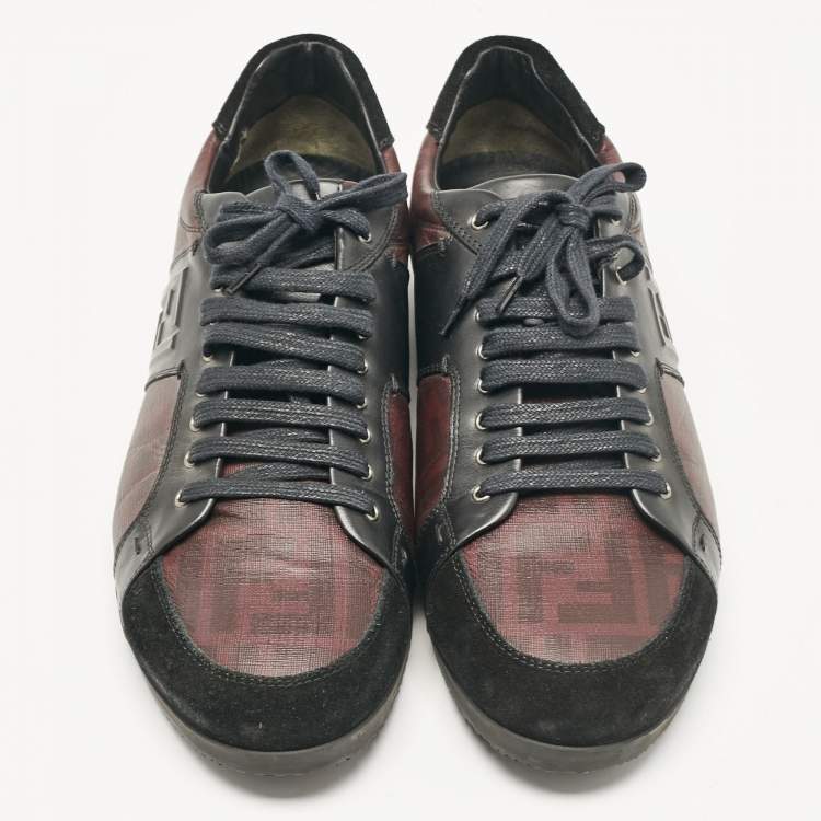 Pre Owned Fendi Black/Burgundy Zucca Coated Canvas and Leather Low Top Sneakers Size 45