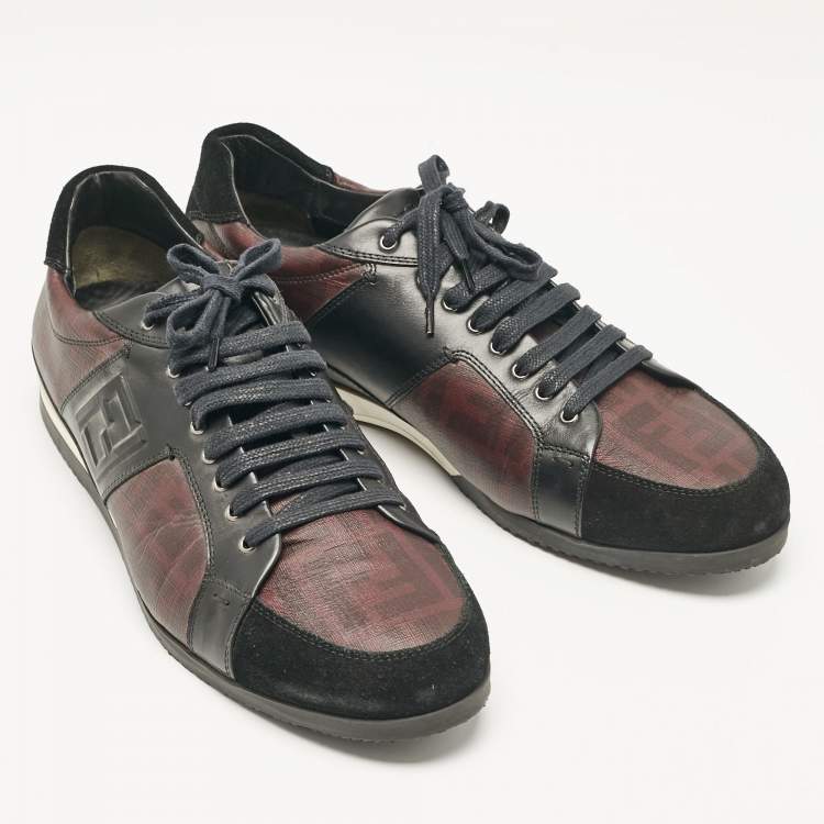 Pre Owned Fendi Black/Burgundy Zucca Coated Canvas and Leather Low Top Sneakers Size 45