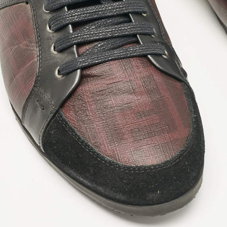 Pre Owned Fendi Black/Burgundy Zucca Coated Canvas and Leather Low Top Sneakers Size 45