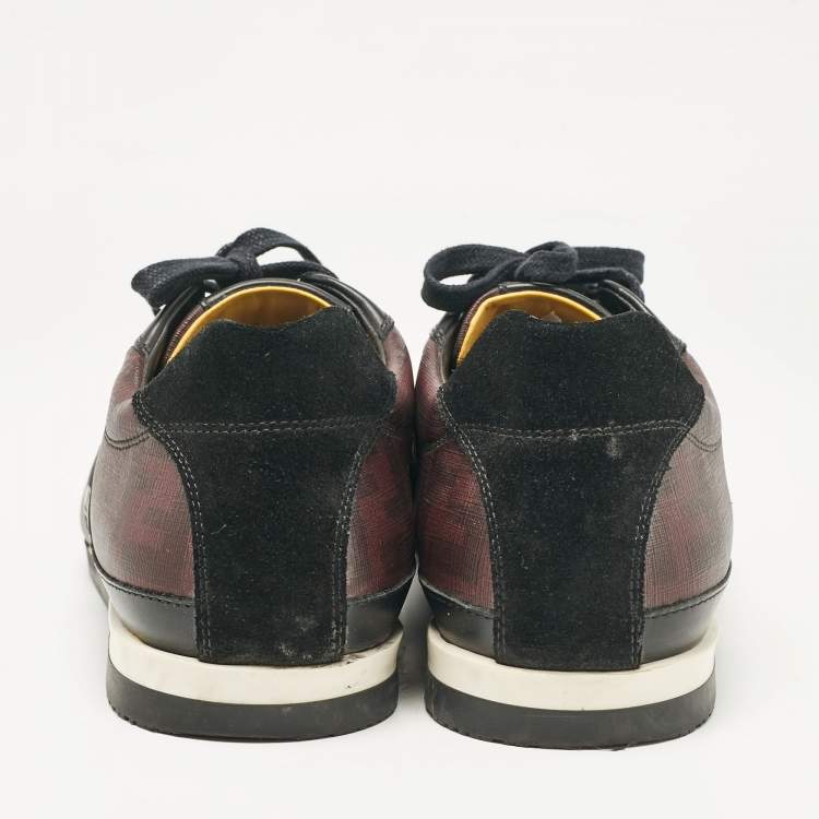 Pre Owned Fendi Black/Burgundy Zucca Coated Canvas and Leather Low Top Sneakers Size 45