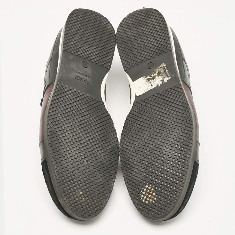 Pre Owned Fendi Black/Burgundy Zucca Coated Canvas and Leather Low Top Sneakers Size 45