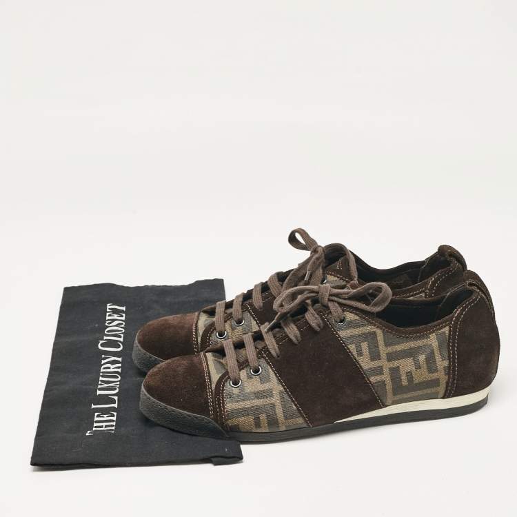 Pre Owned Fendi Brown Canvas and Suede FF Print Lace Up Sneakers Size 42